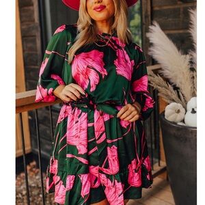 Pink and Hunter-Green Silk floral dress from Impressions Boutique